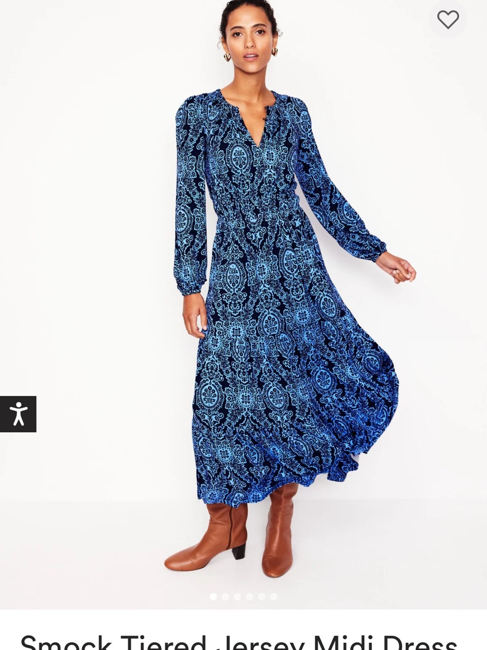 Boden Navy Blue Floral Tiered Midi Dress Long Sleeve Smocked Waist Pockets 12P